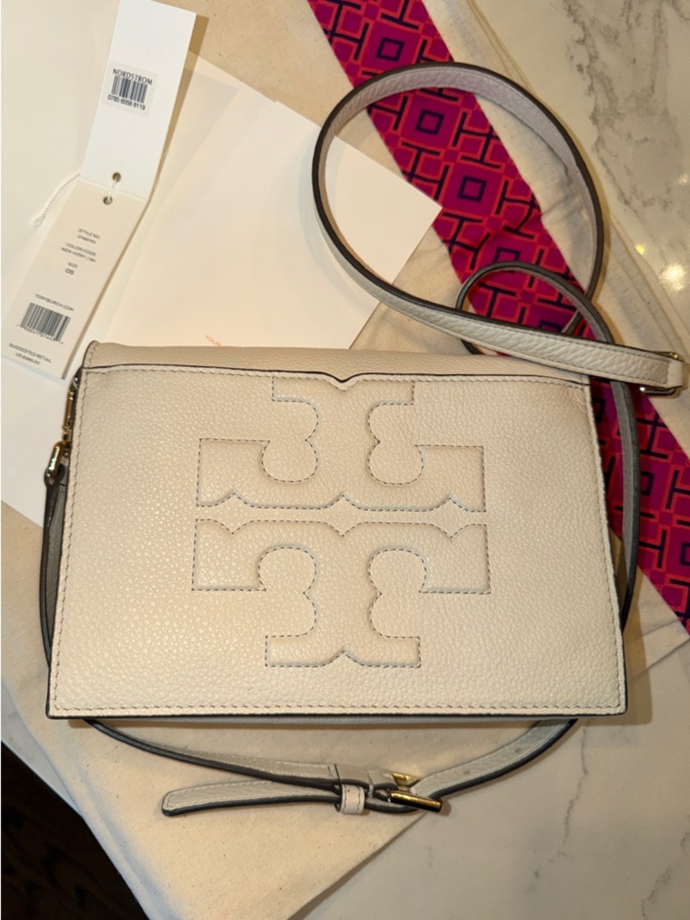 Tory Burch Pebbled Leather Ivory White Logo Crossbody